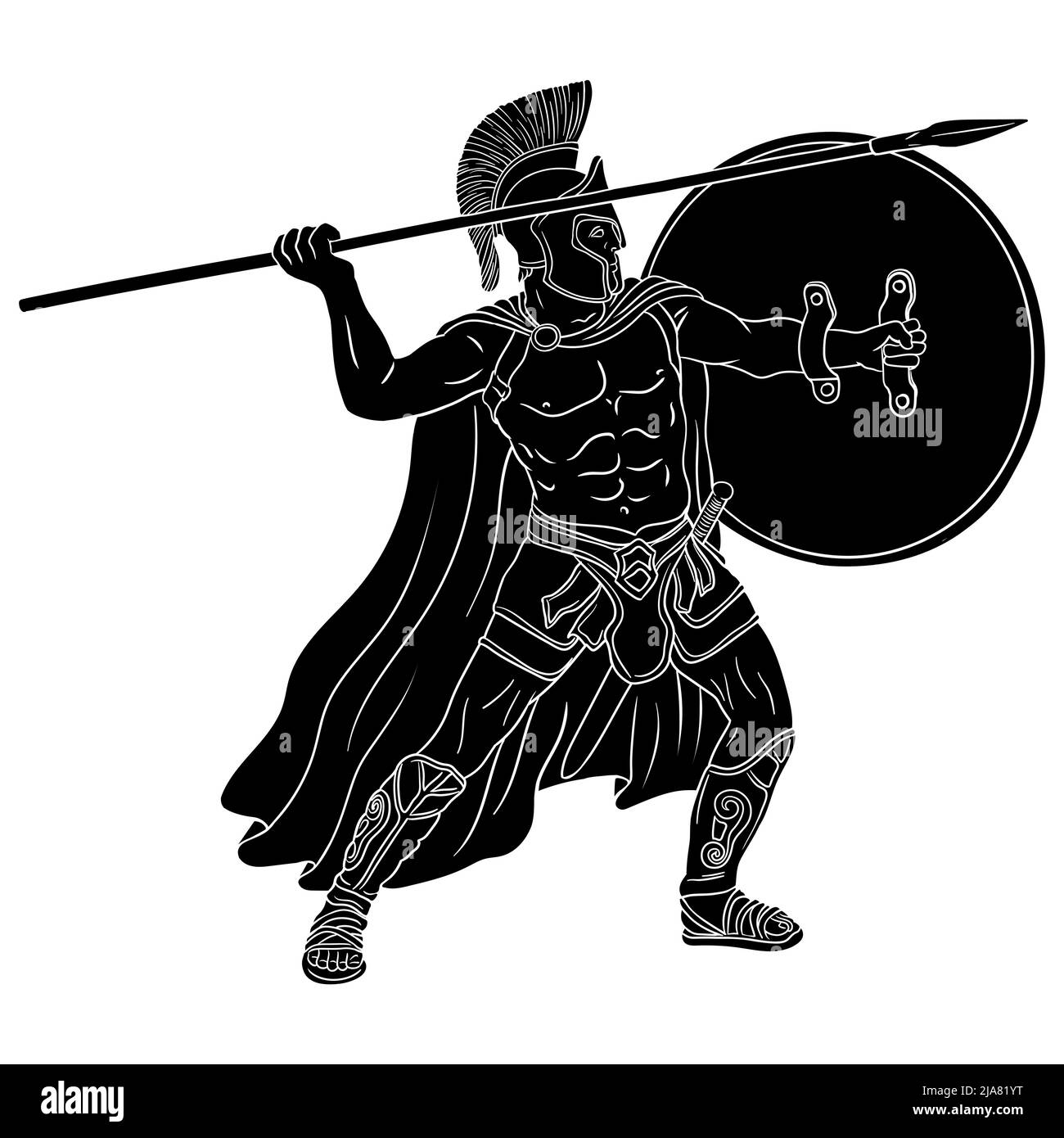 Ancient Greek warrior with a spear and shield in his hands is standing ...