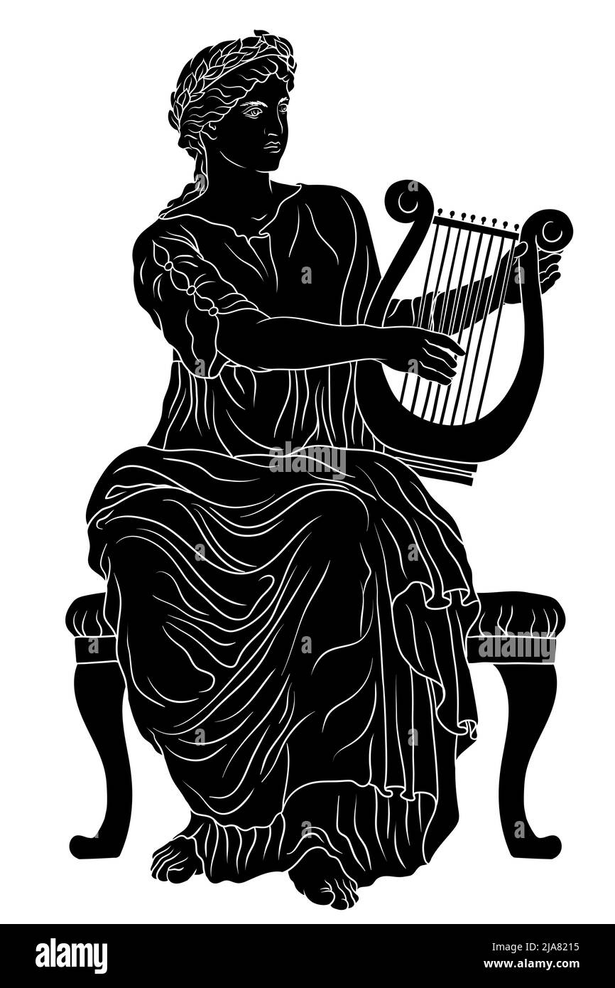 Ancient Greek woman goddess of art with a harp in her hand and a laurel wreath on her head. Stock Vector