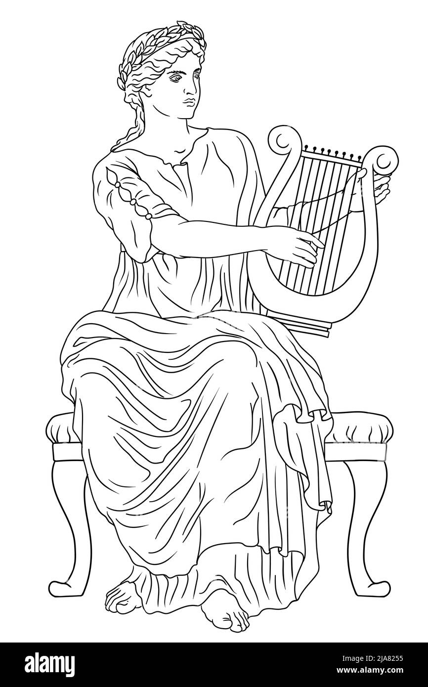 Ancient Greek woman goddess of art with a harp in her hand and a laurel wreath on her head. Stock Vector