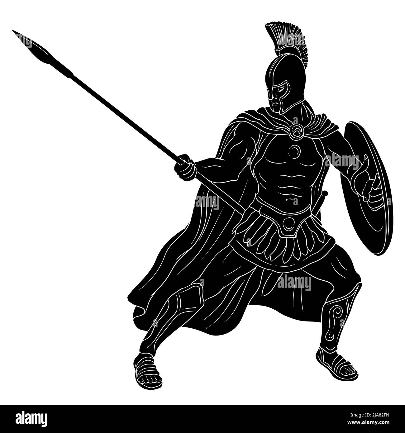 Ancient Roman warrior legionary with a spear and shield in his hands is standing ready to attack. Vector illustration isolated on white background. Stock Vector