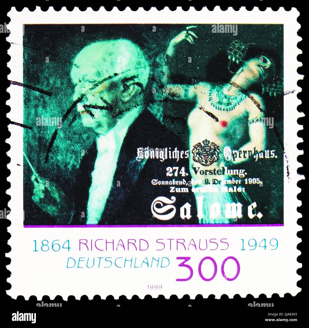 MOSCOW, RUSSIA - MAY 14, 2022: Postage stamp printed in Germany shows Richard Strauss, and poster from 'Salome' (opera), circa 1999 Stock Photo