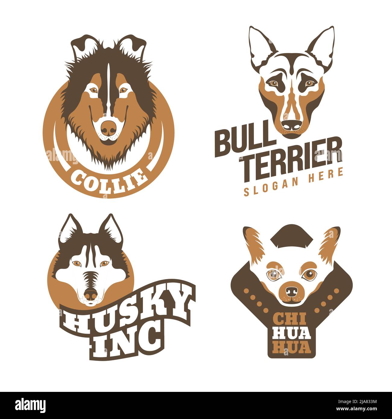 Flat dogs breeds logo design set with cute faces of collie bull terrier  husky and chihuahua isolated vector illustration Stock Vector Image & Art -  Alamy