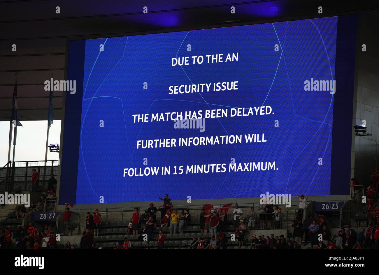 The giant screen informing fans of a delayed kick off ahead of the UEFA
