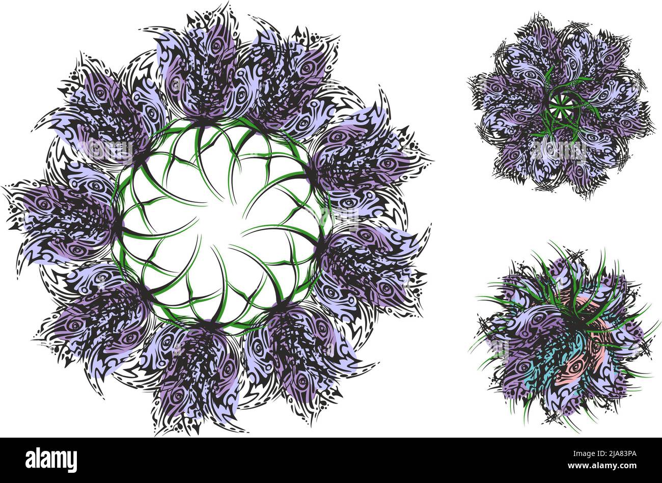 Purple bell frame and bells on white three options. Spring floral border with bluebells. Flat