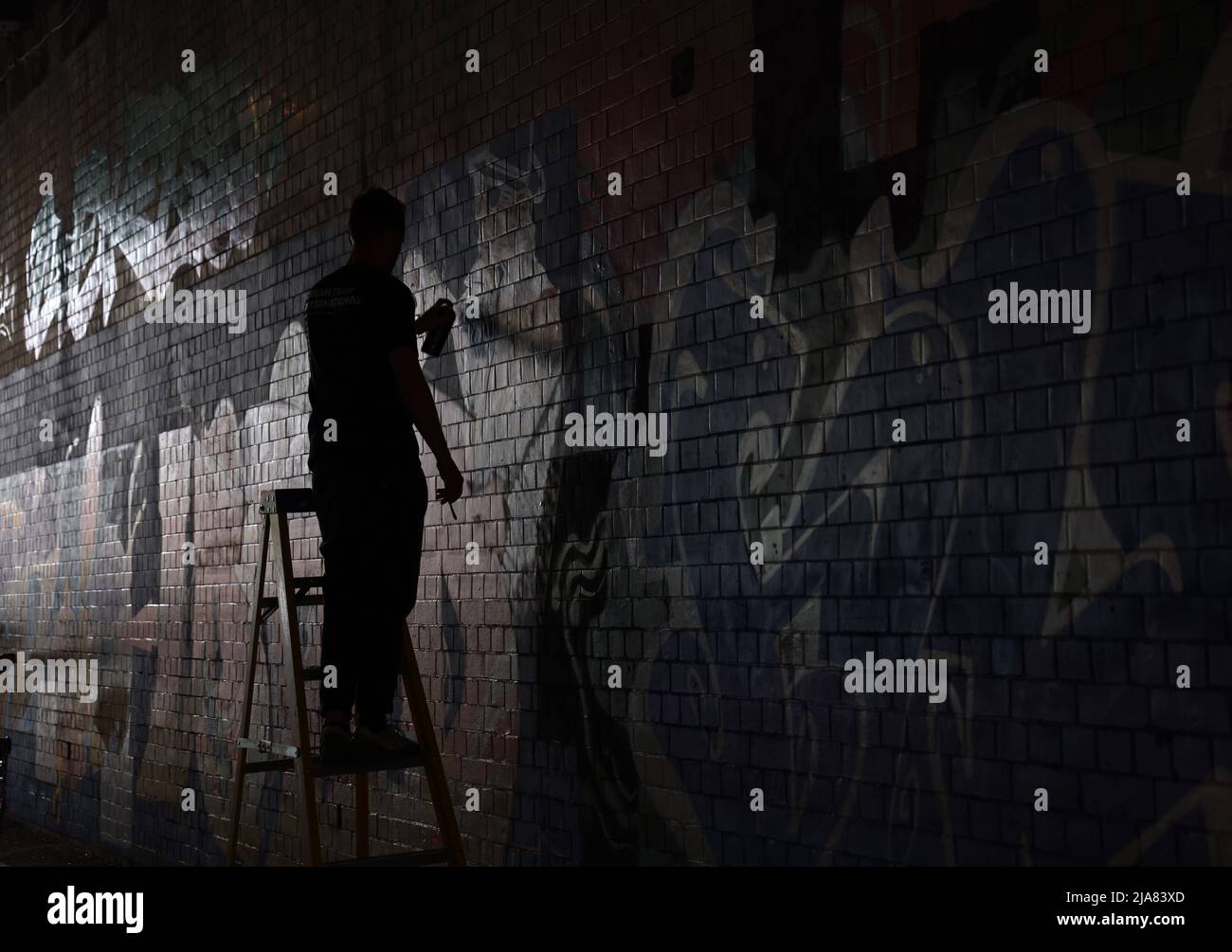 Leicester, Leicestershire, UK. 28th May 2022.  An artist spray paints a  mural during the Bring the Paint event. The award winning International Street Art Festival attracts artists from all over the world. Credit Darren Staples/Alamy Live News. Stock Photo
