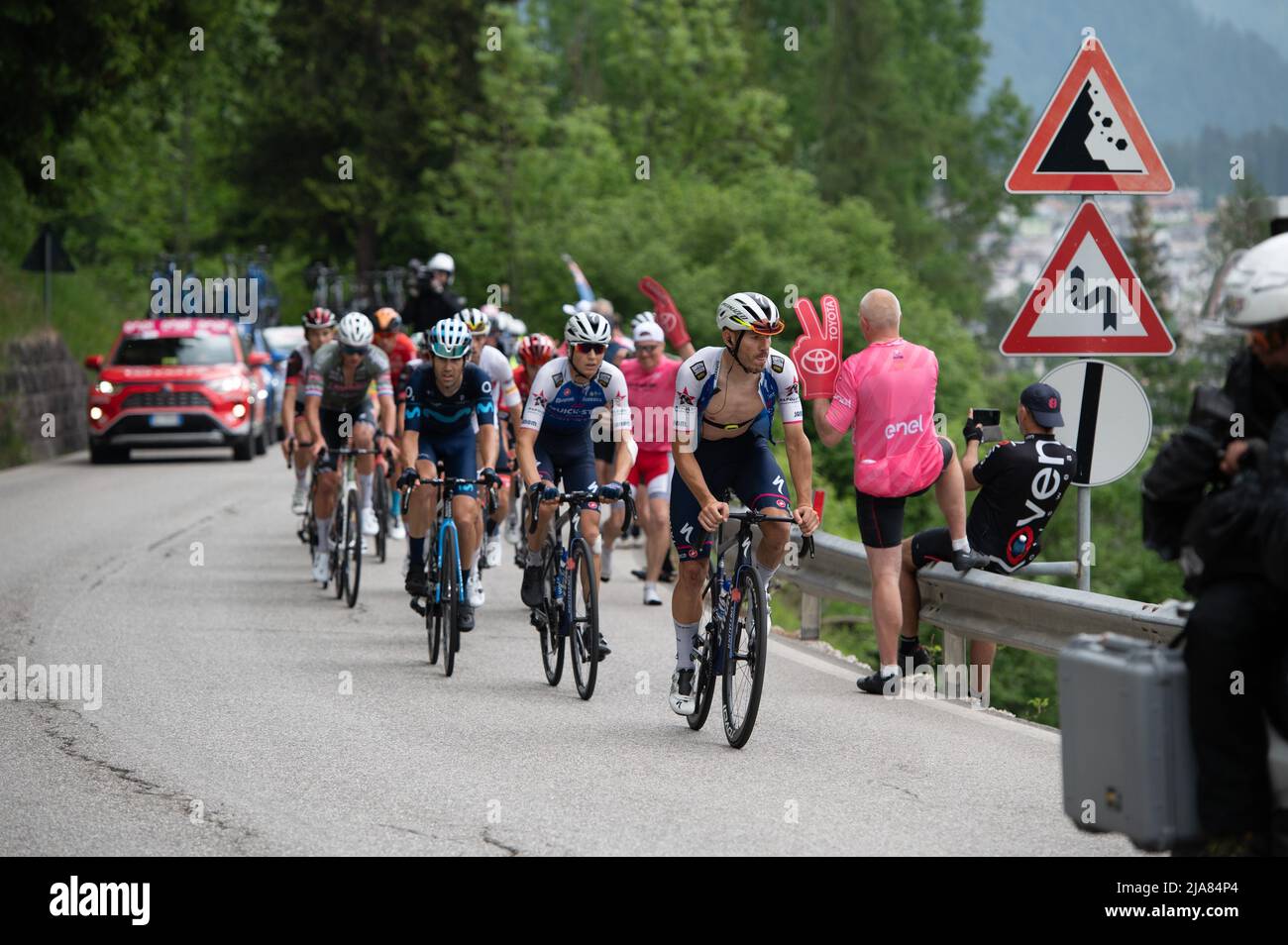 Passo Fedaia, Marmolada/Passo Fedaia, Italy, May 28, 2022, Get-away cyclist  of the day at the beginning of San Pellegrino, in Falcade during 2022 Giro  d'Italia - Tour of Italy - Stage 20 -