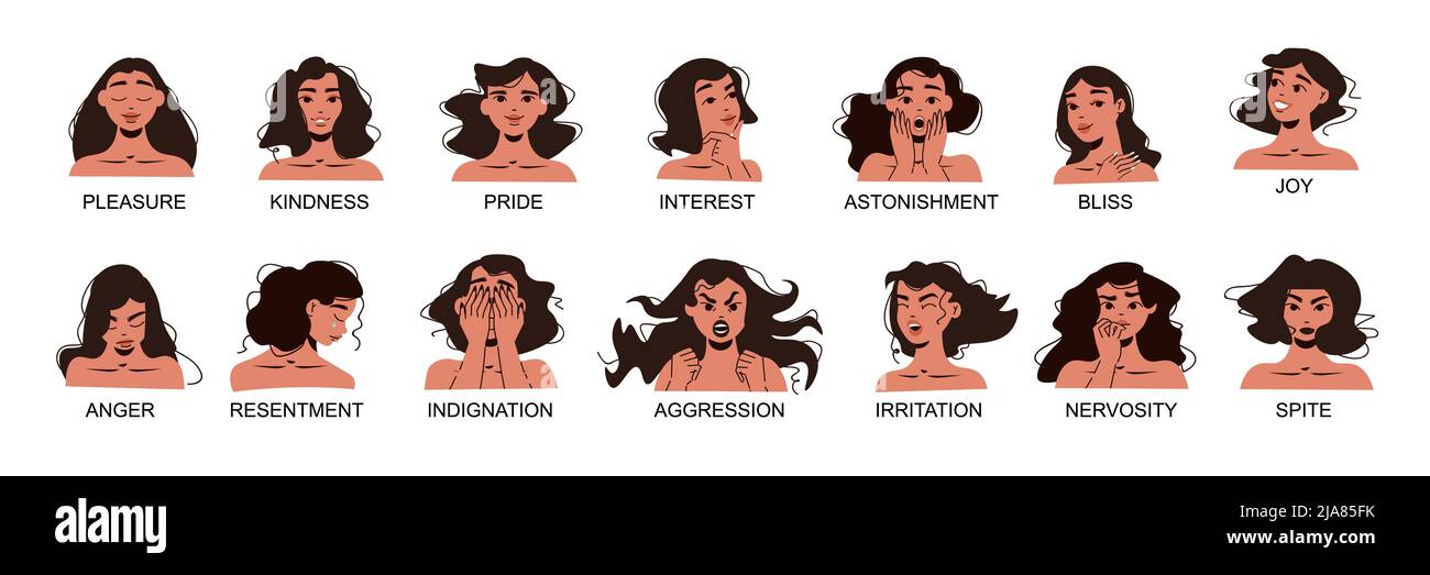 Woman emotions and mood set with positive and negative symbols flat ...