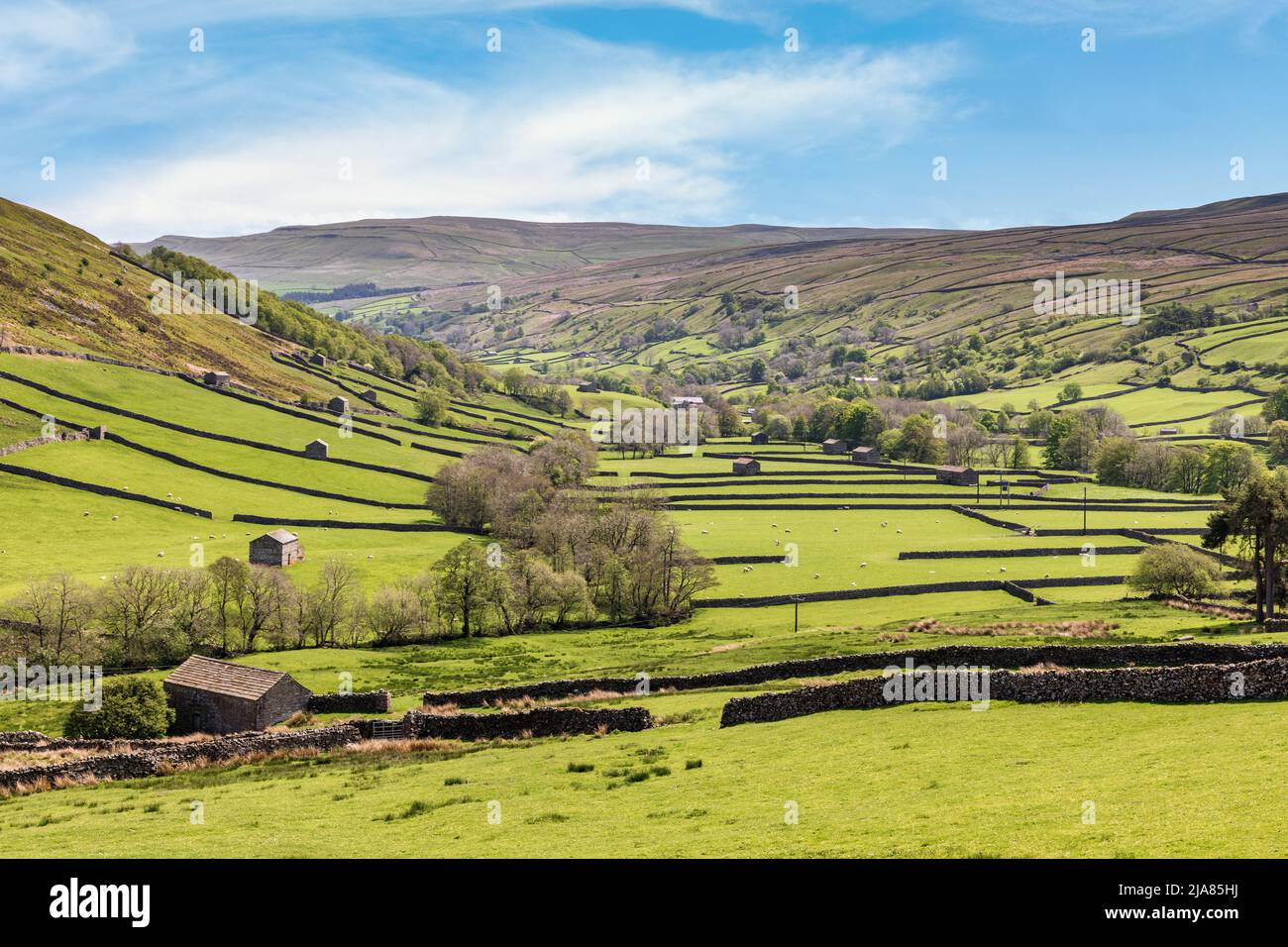 A view down the valley overlooking Thwaite in Swaledale, with Kisdon Fell and on the left and Muker Common on the right. Yorkshire Dales National Park. Stock Photo
