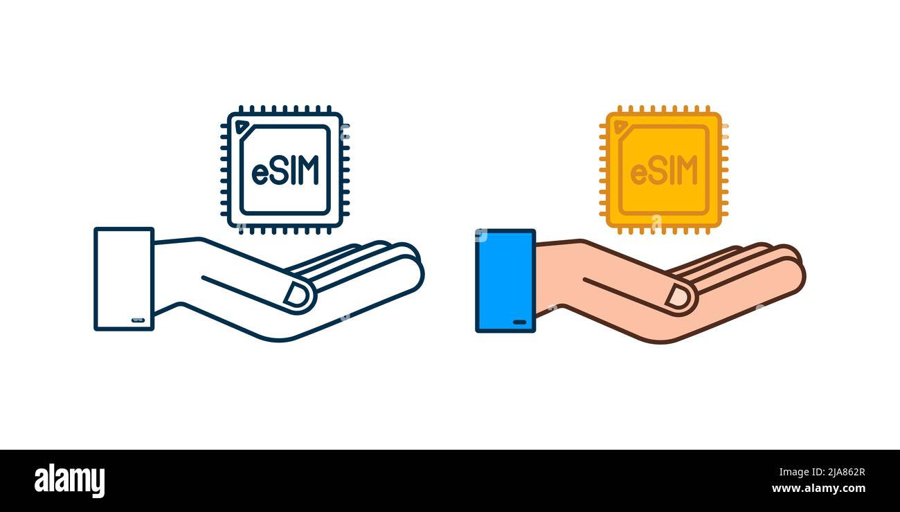 eSIM Embedded SIM card with hands icon symbol concept. new chip mobile