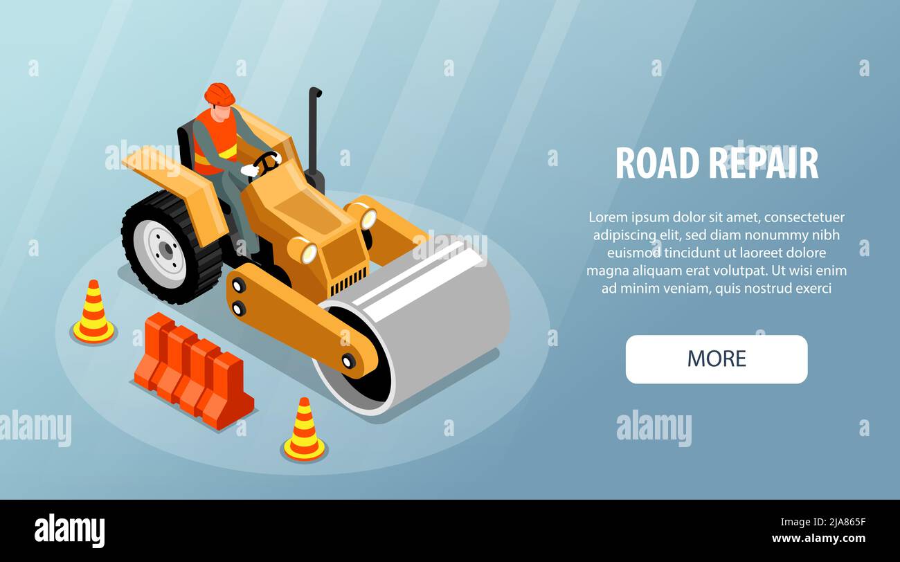 Isometric road repair horizontal banner with image of asphalt roller ...