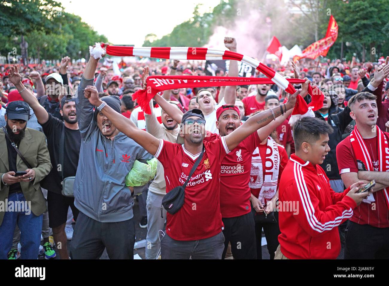 Liverpool fans in the fanzone in Paris, ahead of the UEFA Champions