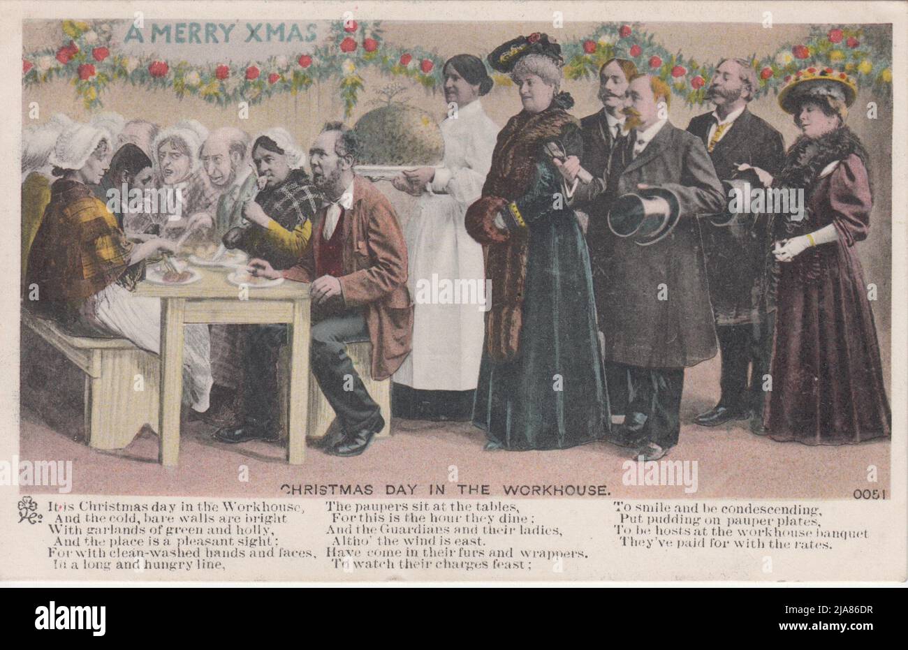 Satirical postcard on 'Christmas Day in the Workhouse', with poem - 'It is Christmas day in the Workhouse, And the cold, bare walls are bright With garlands of green & holly, And the place is a pleasant sight; For with clean-washed hands & faces, In a long & hungry line, The paupers sit at the tables, For this is the hour they dine; And the Guardians & their ladies, Altho' the wind is east, Have come in their furs & wrappers, To watch their charges feast; To smile & be condescending, Put pudding on pauper plates, To be hosts at the workhouse banquet They've paid for with the rates' Stock Photo