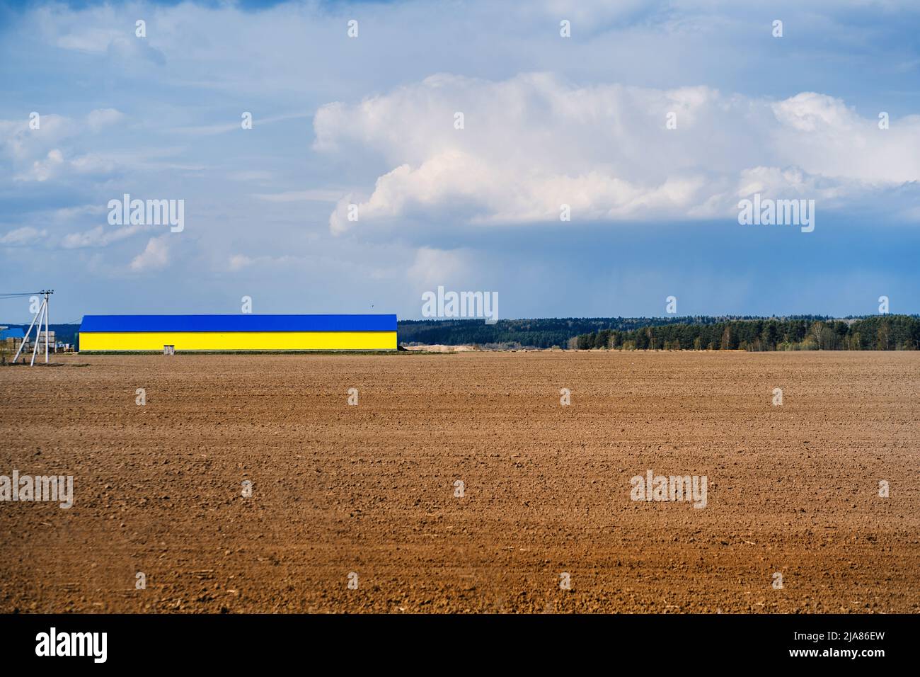 on arable land field a large hangar of yellow blue color Stock Photo