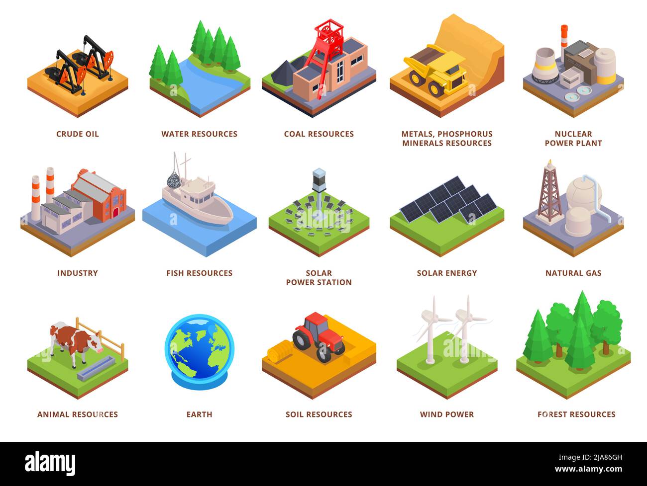 Natural environmental resources isometric set with water crude oil ...