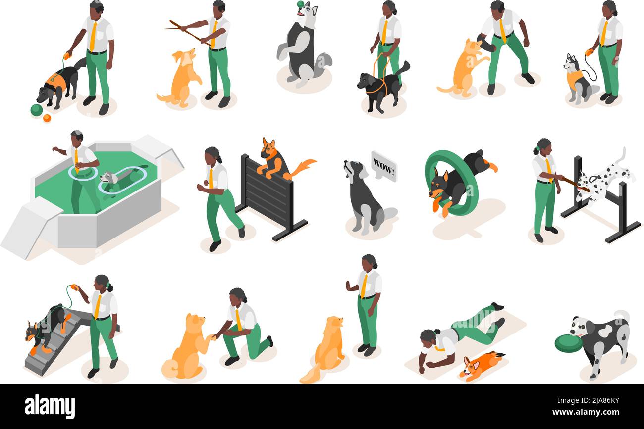 Set with isolated dog school isometric recolor icons with human characters of dog trainers in uniform vector illustration Stock Vector