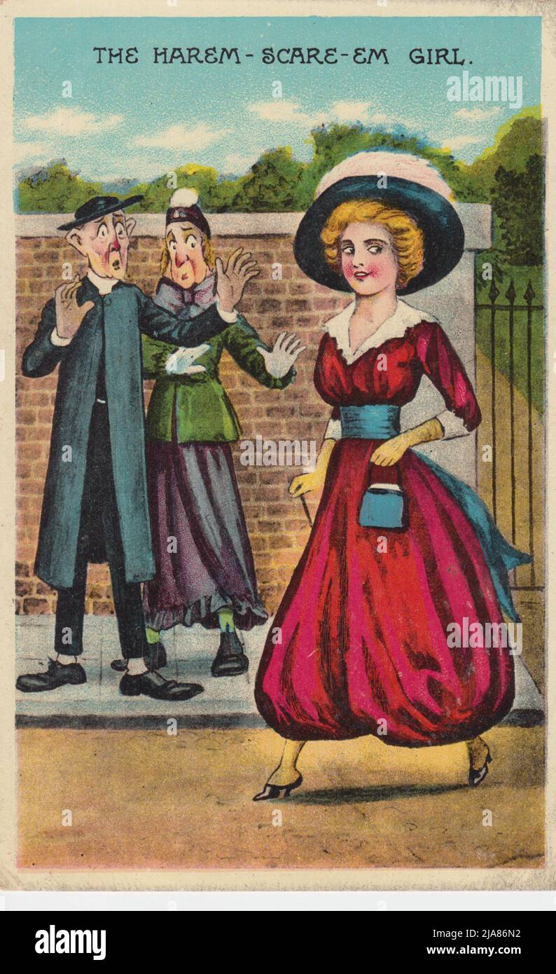 'The Harem - Scare-Em Girl': postcard showing a young woman fashionably dressed in red, baggy, silk harem pants, and a large feathered hat, carrying a small purse and a cane or umbrella. A clergyman & old woman are in the background looking on in shock & horror. This postcard was published in the early 20th century by Felix McGlennon Ltd. Stock Photo