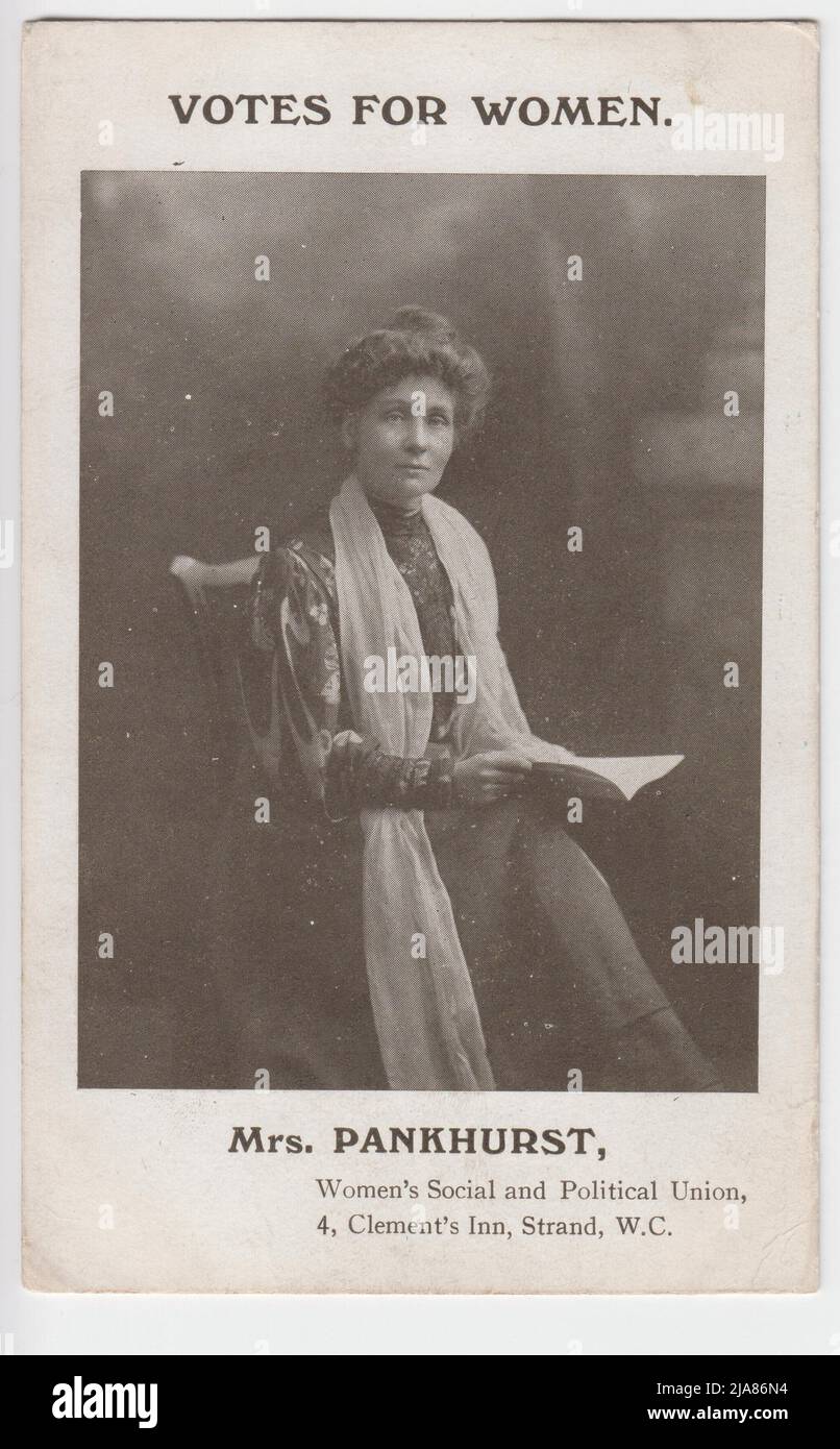 'Votes for Women. Mrs Pankhurst': portrait of Emmeline Pankhurst, shown sitting in a chair reading a pamphlet or book. This postcard was one of a series of portraits of leading suffragettes published by the Women's Social & Political Union in the early 20th century as part of their campaign for women's suffrage Stock Photo
