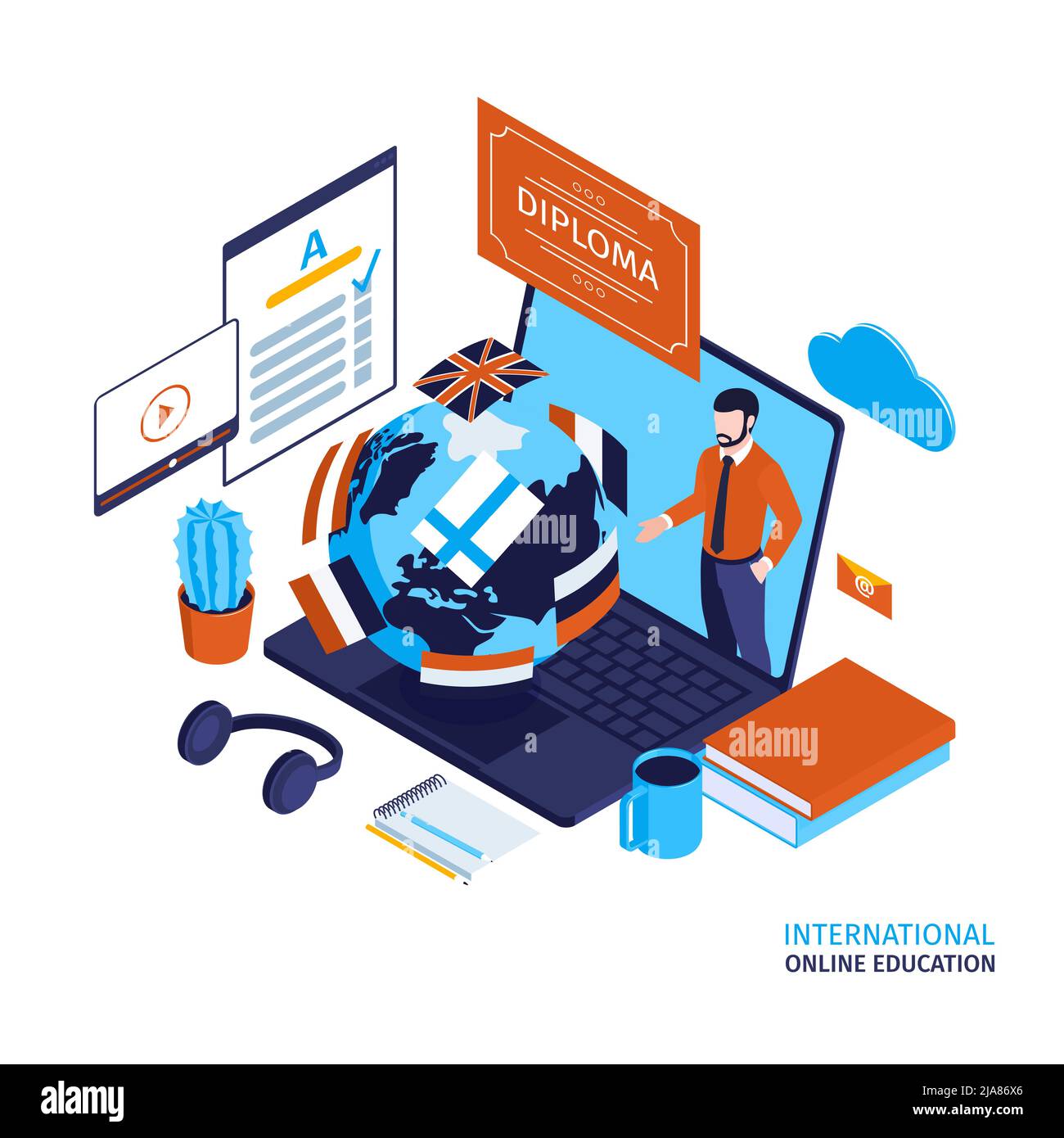 Isometric concept of international online education with teacher on ...