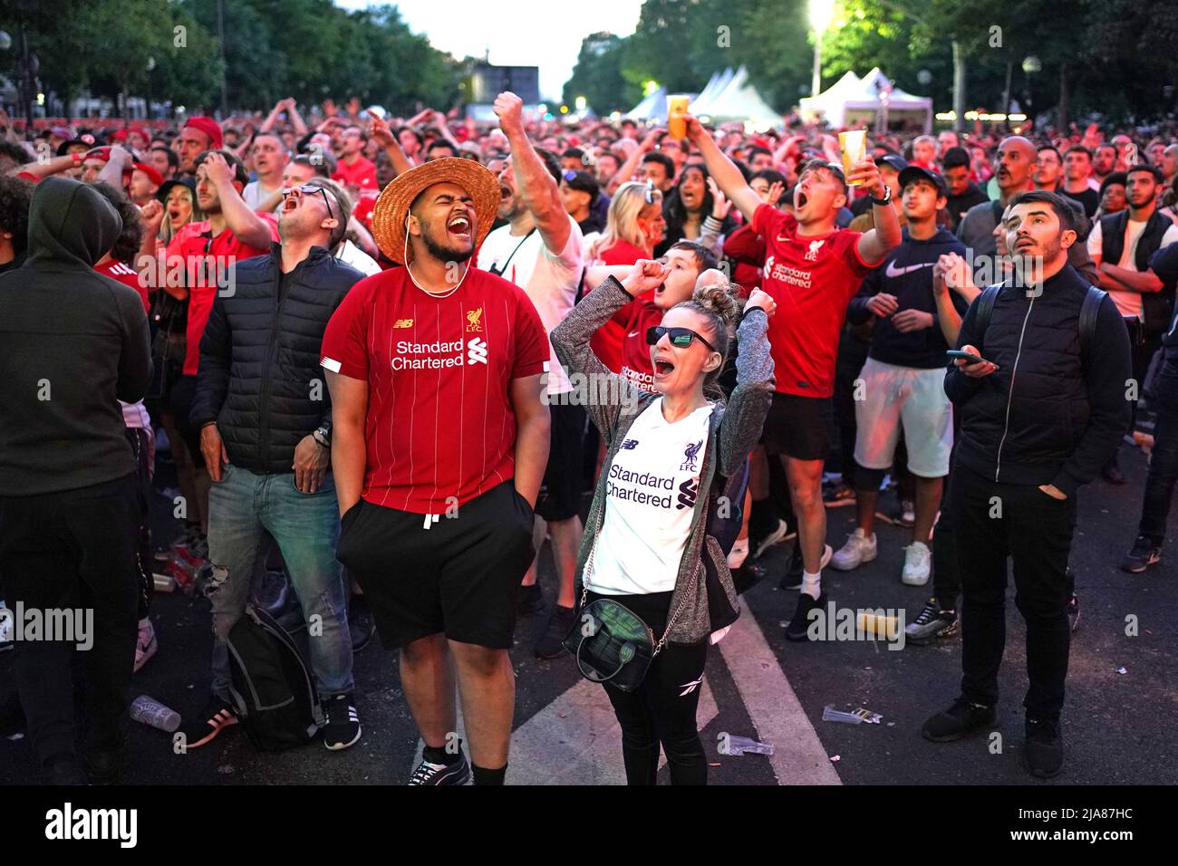 Liverpool fans in the fanzone in Paris, watching on the big screen