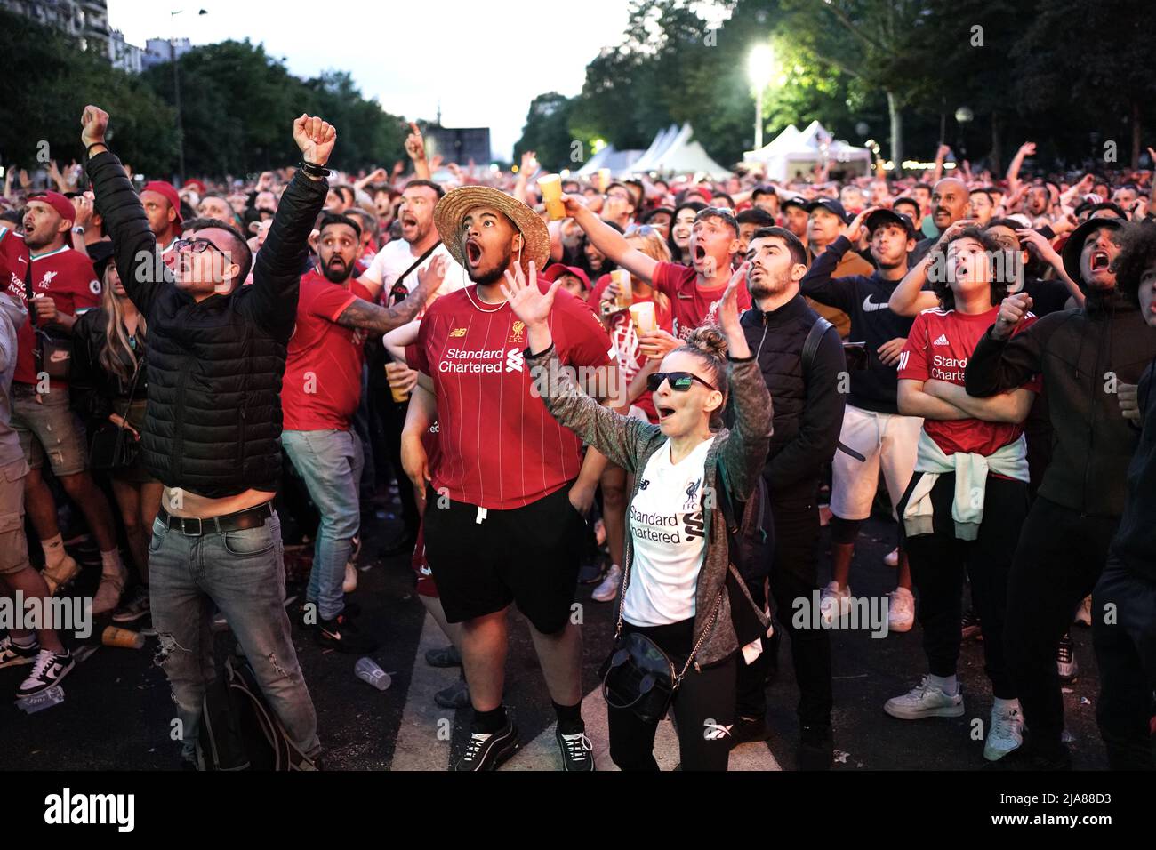 Liverpool fans in the fanzone in Paris, watching on the big screen