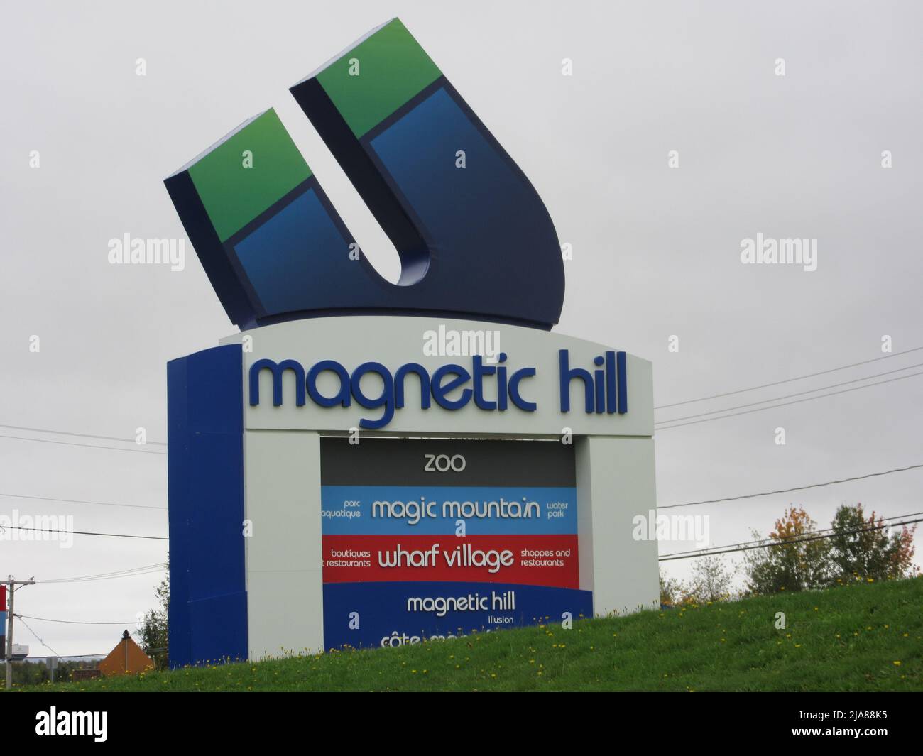 Magnetic Hill entrance. A major tourist attraction & amusement park. Features Zoo, Magic Mountain Waterpark, Wharf Village. MONCTON, NB, CANADA Stock Photo
