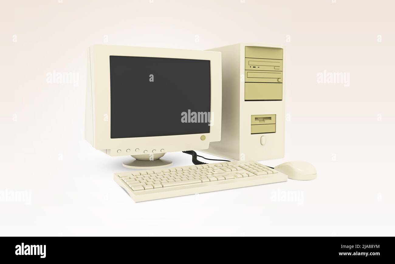 Old vintage desktop computer With keyboard and mouse. Old fashioned desktop PC. Retro style personal computer. Stock Photo