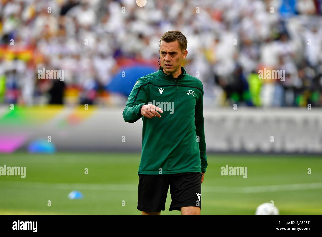 Paris, France. 28th May, 2022. Referee Clement Turpin is warming up before the UEFA Champions League final between Liverpool and Real Madrid at the Stade de France in Paris. (Photo Credit: Gonzales Photo/Alamy Live News Stock Photo