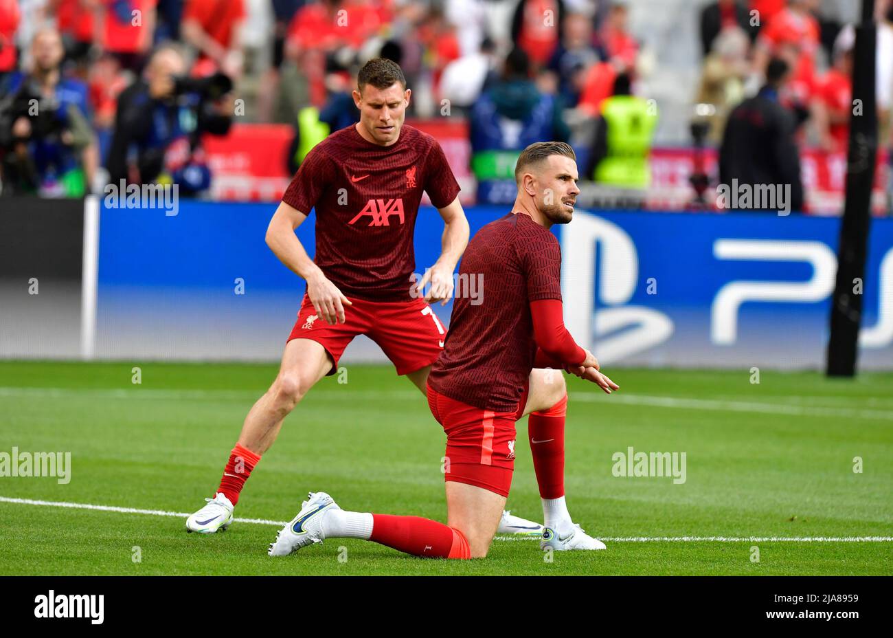 Paris, France. 28th May, 2022. Jordan Henderson (14) of Liverpool is warming up before the UEFA Champions League final between Liverpool and Real Madrid at the Stade de France in Paris. (Photo Credit: Gonzales Photo/Alamy Live News Stock Photo