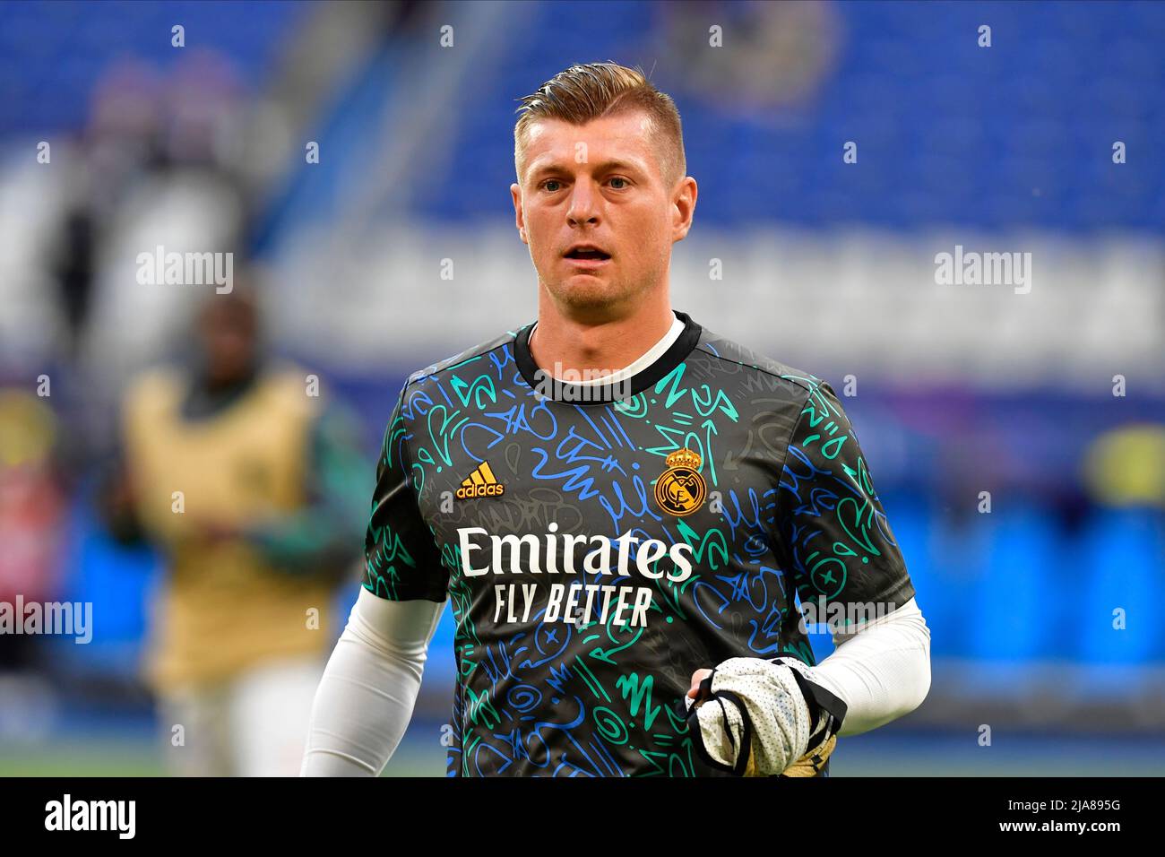 Paris, France. 28th May, 2022. Toni Kroos of Real Madrid is warming up before the UEFA Champions League final between Liverpool and Real Madrid at the Stade de France in Paris. (Photo Credit: Gonzales Photo/Alamy Live News Stock Photo
