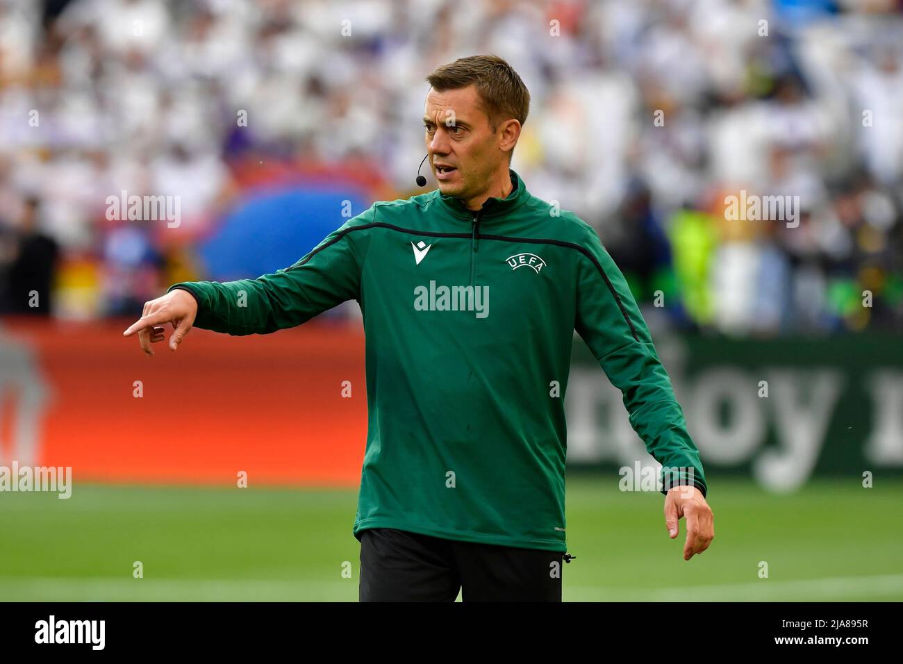 Paris, France. 28th May, 2022. Referee Clement Turpin is warming up before the UEFA Champions League final between Liverpool and Real Madrid at the Stade de France in Paris. (Photo Credit: Gonzales Photo/Alamy Live News Stock Photo