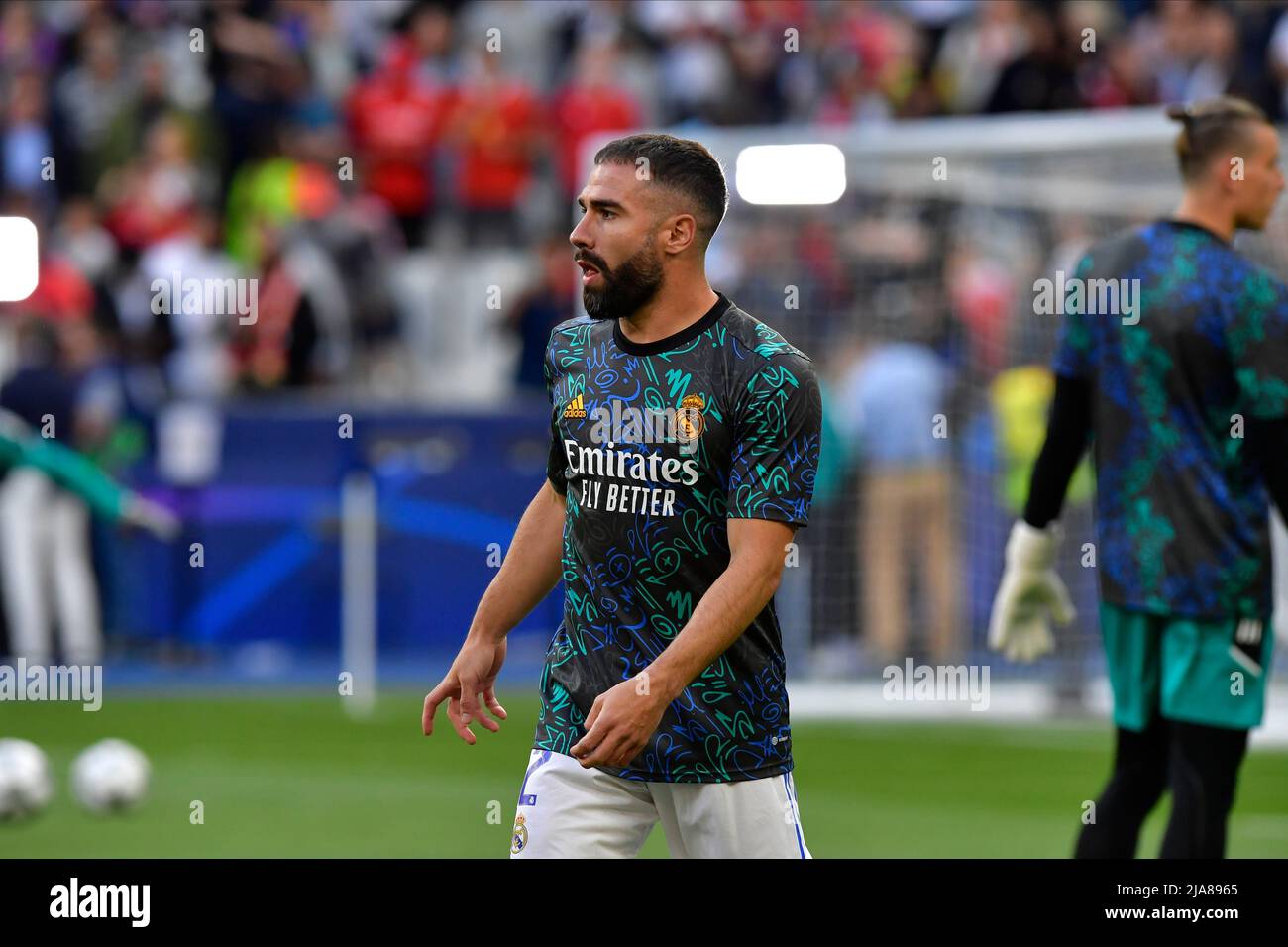 Paris, France. 28th May, 2022. Dani Carvajal of Real Madrid is warming up before the UEFA Champions League final between Liverpool and Real Madrid at the Stade de France in Paris. (Photo Credit: Gonzales Photo/Alamy Live News Stock Photo