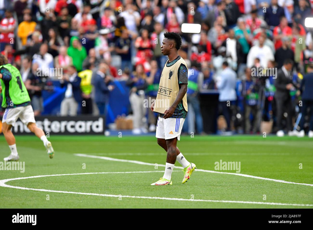 Paris, France. 28th May, 2022. Vinicius Junior of Real Madrid is warming up before the UEFA Champions League final between Liverpool and Real Madrid at the Stade de France in Paris. (Photo Credit: Gonzales Photo/Alamy Live News Stock Photo