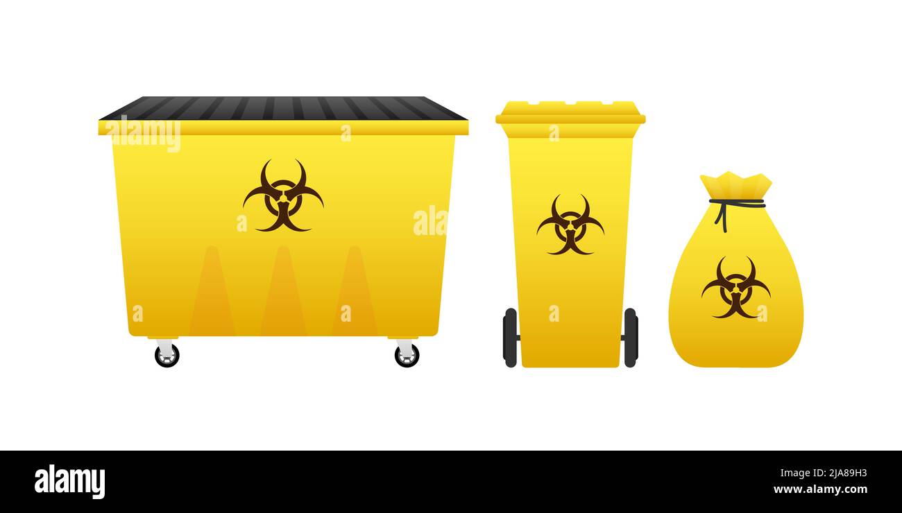 Barrels, wastebasket of biohazard waste, Radioactive waste on white