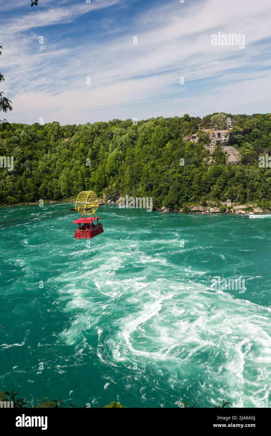 Niagara Falls Whirlpool Rapids Aero Trolley Car over whirlpool of gushing waters of Niagara River, Niagara Falls, Ontario, Canada Stock Photo