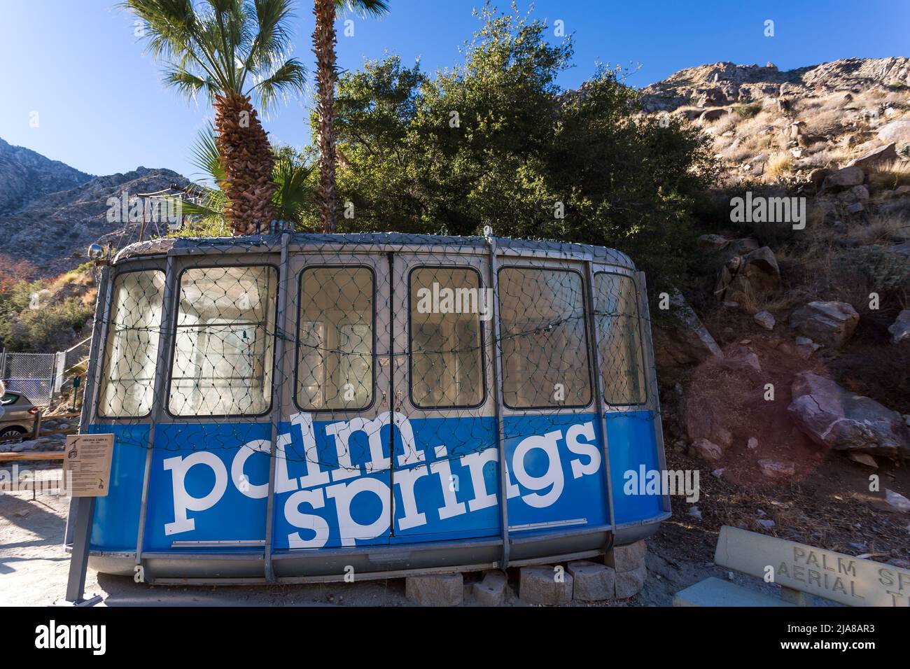 Palm Springs Aerial Tramway Cabin at Valley Station, one of the cabins originally used to transport visitors to the Mount, PALM SPRINGS, CA , USA Stock Photo