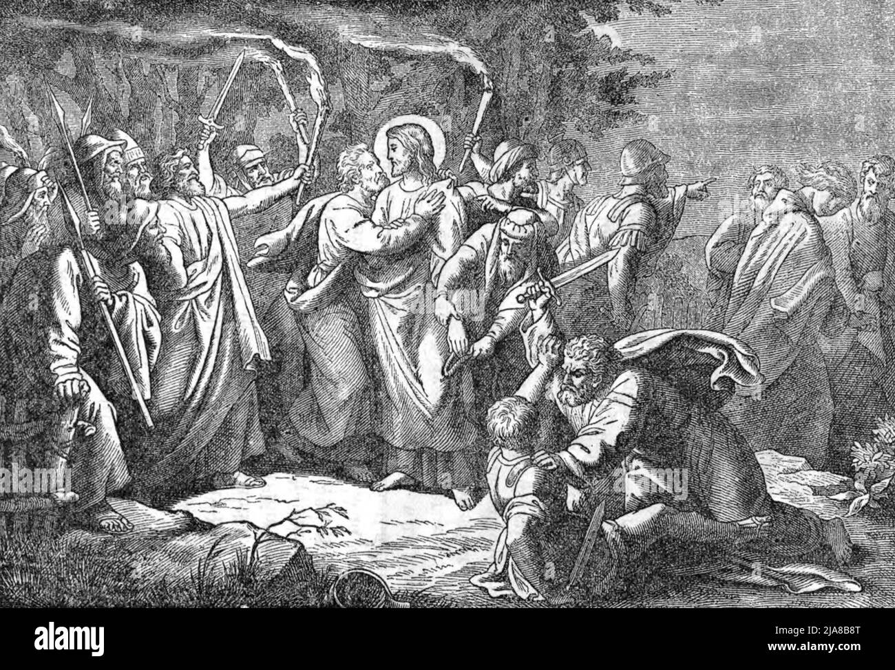 The Kiss of Judas engraving  depicts Judas' identifying kiss in the Garden of Gethsemane Stock Photo