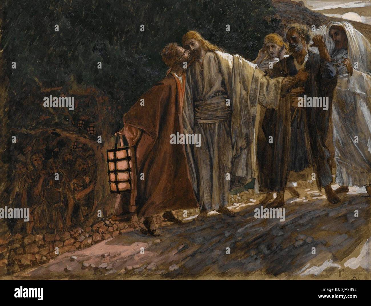 Kiss of Judas by James Tissot depicts Judas' identifying kiss in the Garden of Gethsemane Stock Photo