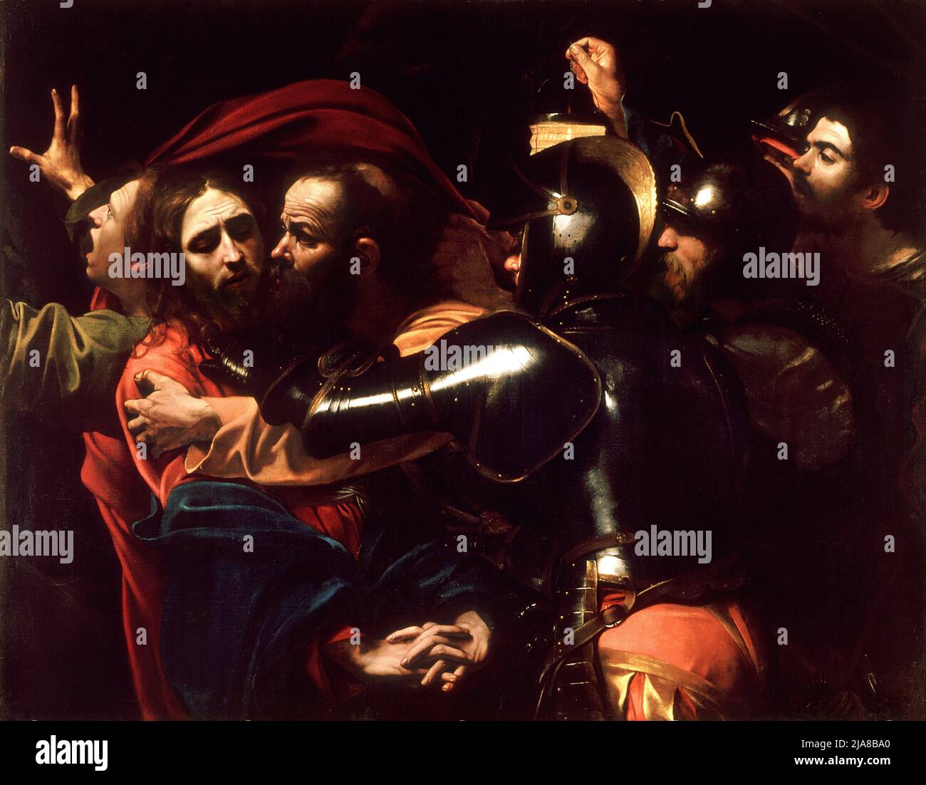 The Taking of Christ by Caravaggio,  depicts Judas' identifying kiss in the Garden of Gethsemane Stock Photo