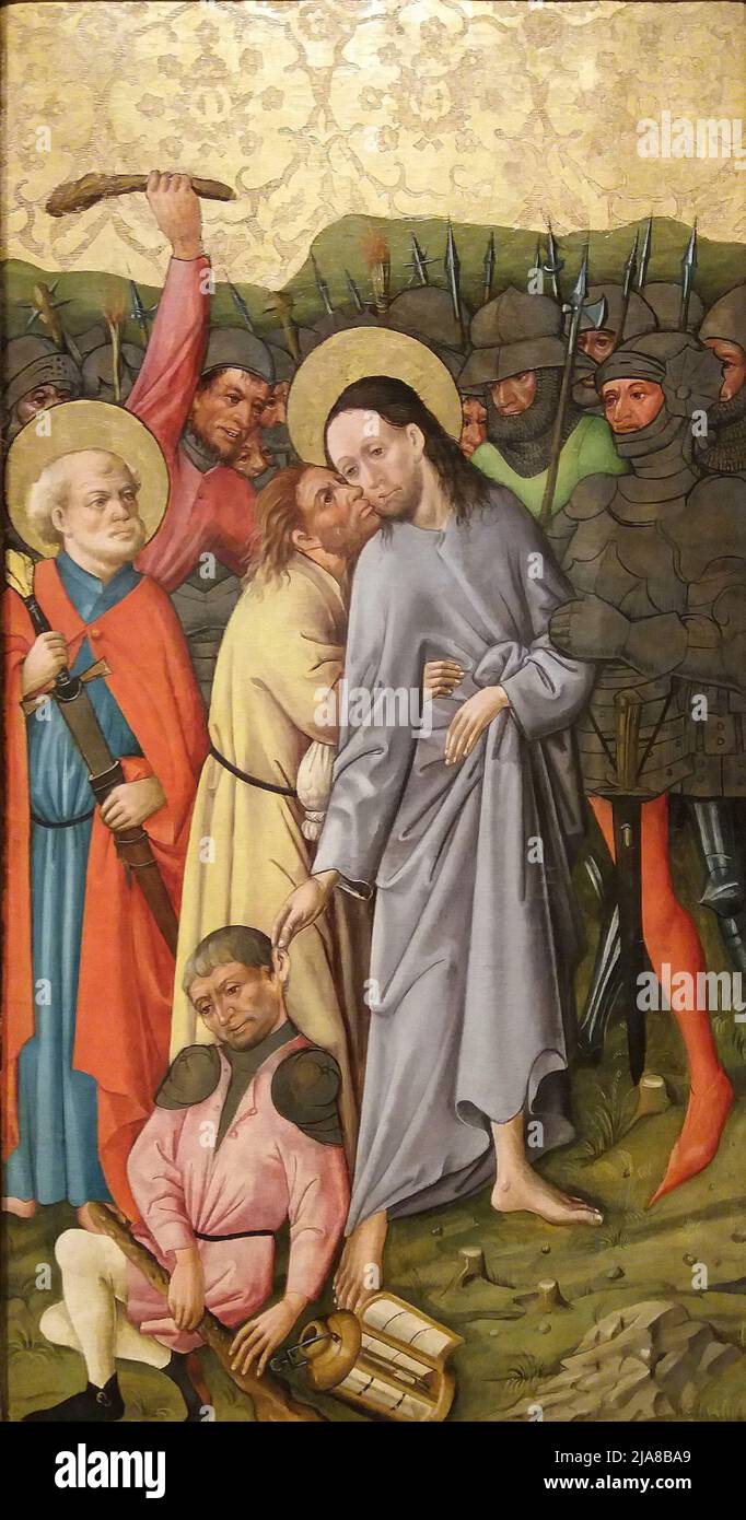 The Kiss of Judas by an unknown 15th century artist  depicts Judas' identifying kiss in the Garden of Gethsemane Stock Photo