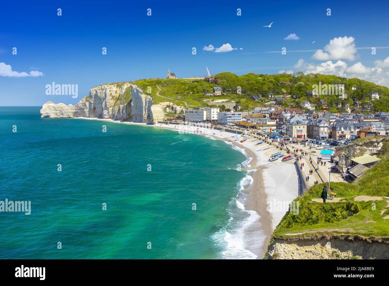 Panoramic view of the beach of Etretat in Normandy, a popular french ...