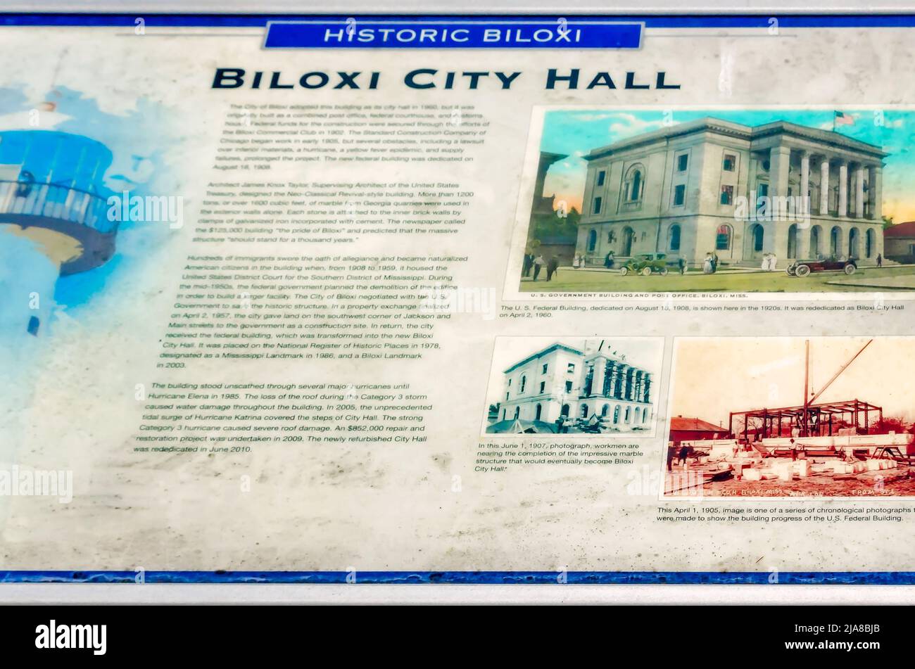 Biloxi City Hall A historic plaque tells the history of Biloxi City Hall on Lameuse Street, May 22, 2022, in Biloxi, Mississippi. Stock Photo