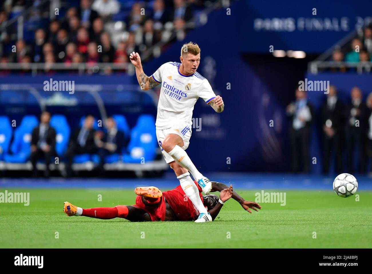 Paris, France. 28th May, 2022. Toni Kroos (8) of Real Madrid seen during the UEFA Champions League final between Liverpool and Real Madrid at the Stade de France in Paris. (Photo Credit: Gonzales Photo/Alamy Live News Stock Photo