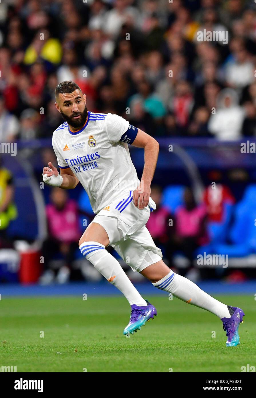 Paris, France. 28th May, 2022. Karim Benzema (9) of Real Madrid seen during the UEFA Champions League final between Liverpool and Real Madrid at the Stade de France in Paris. (Photo Credit: Gonzales Photo/Alamy Live News Stock Photo