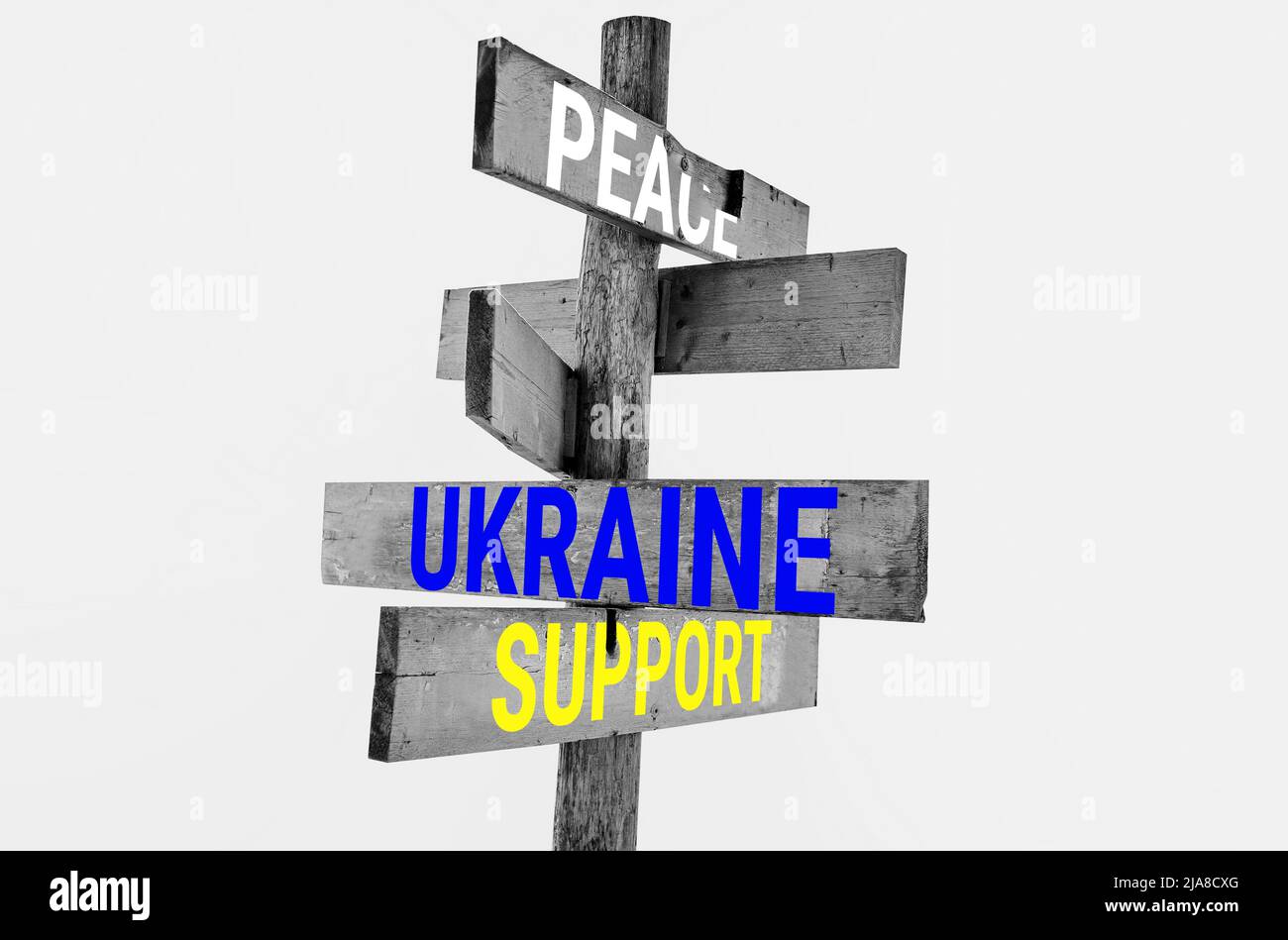 Wooden road sign with words peace, Ukraine, support, hunger Stock Photo