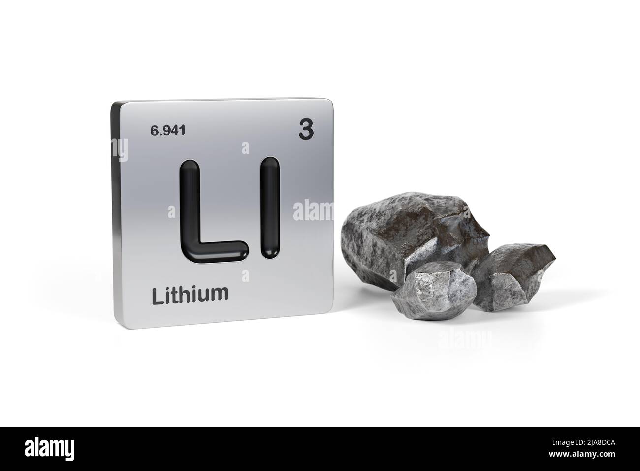 Lithium element symbol from the periodic table near metallic lithium isolated on white background. 3d illustration. Stock Photo