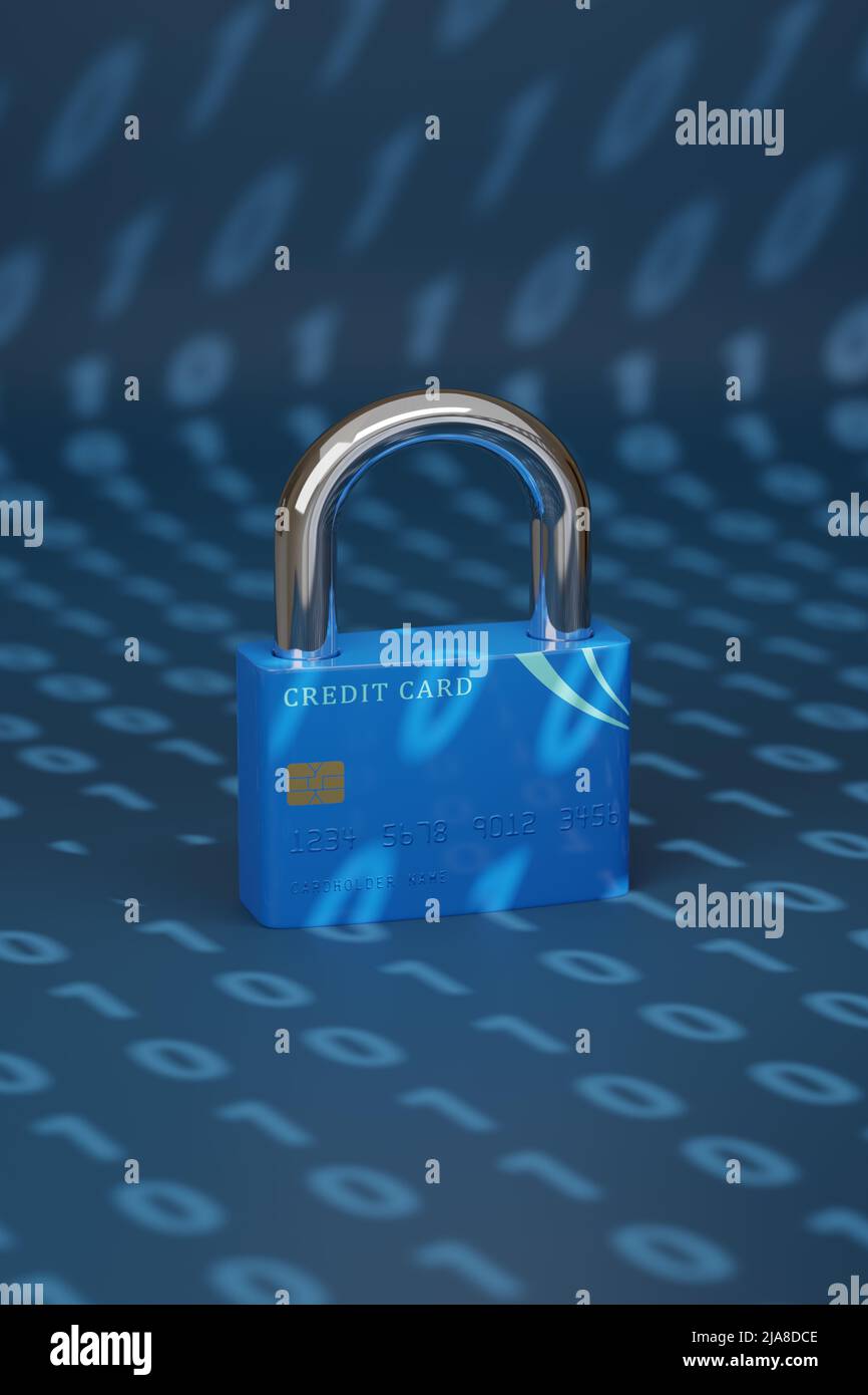 Credit card in the shape of a closed padlock on a background of binary code. Computer security concept. 3d illustration. Stock Photo
