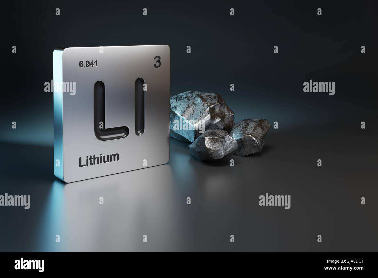 Lithium element symbol from the periodic table near metallic lithium with copy space. 3d illustration. Stock Photo