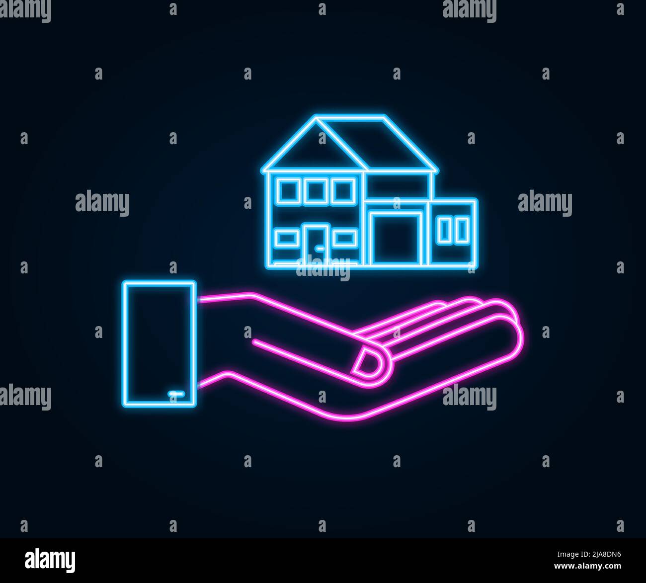 Businessmans hand holding a house. Neon icon. Home rental, property
