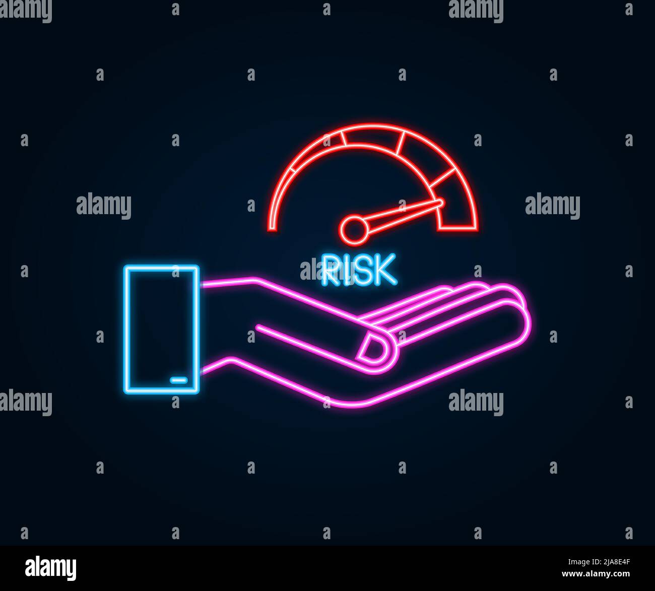 Risk neon icon on speedometer in hands. High risk meter. Vector stock illustration. Stock Vector