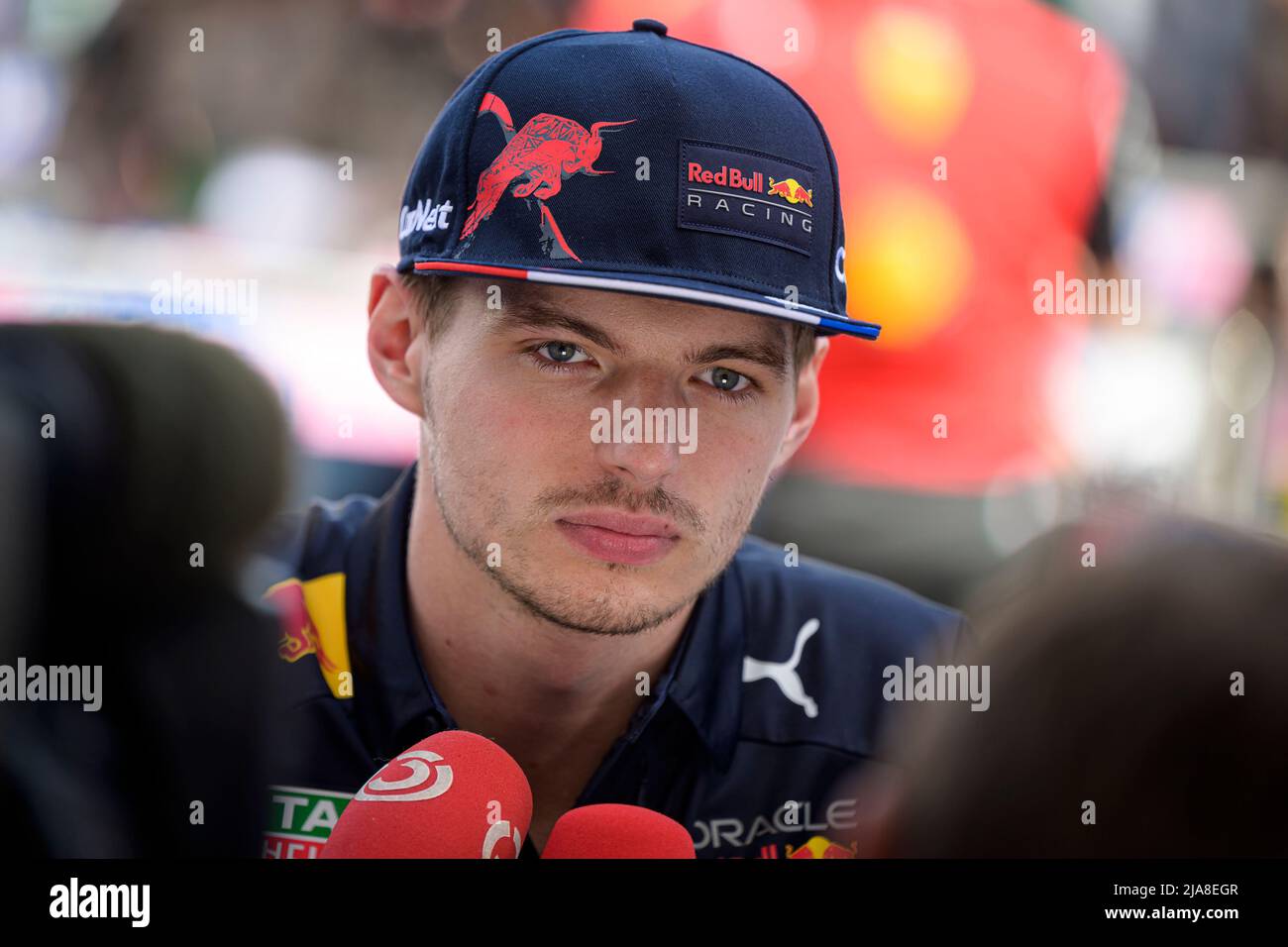 Oracle Red Bull Racing’s Dutch driver Max Verstappen speaks to the media prior to the start of the Monaco F1 Grand Prix weekend in Monaco. Stock Photo